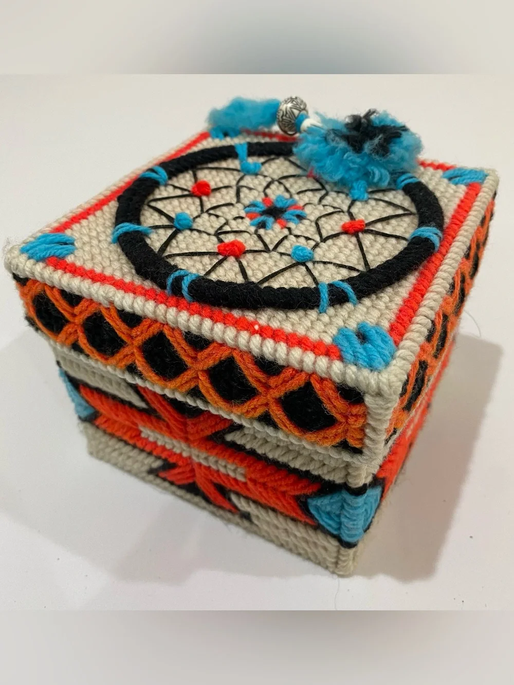 Vintage Southwestern Dream Catcher Finished Plastic Canvas Square Box Cover